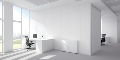 Modern empty office with blank white wall mockup, copy space, generative ai illustration
