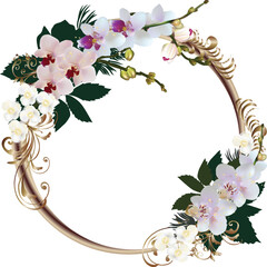 brown circle frame decorated by light orchid flowers isolated on white