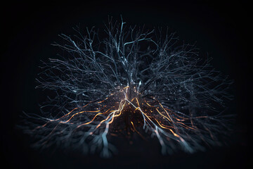 Artificial Intelligence concept - 3d rendered image. Dark background. Glowing abstract digital neuron connections. Hologram human brain view. Innovative process technology. Plexus line