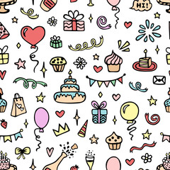 Happy Birthday seamless pattern with hand drawn doodles. Cute design for textile, wallpaper, wrapping paper.