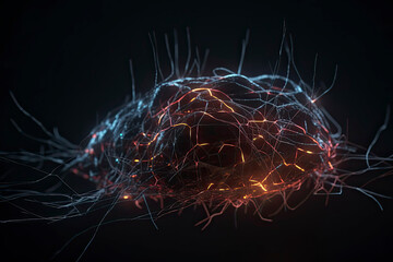 Artificial Intelligence concept - 3d rendered image. Dark background. Glowing abstract digital neuron connections. Hologram human brain view. Innovative process technology. Plexus line
