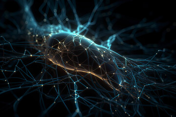 Artificial Intelligence concept - 3d rendered image. Dark background. Glowing abstract digital neuron connections. Hologram human brain view. Innovative process technology. Plexus line - obrazy, fototapety, plakaty