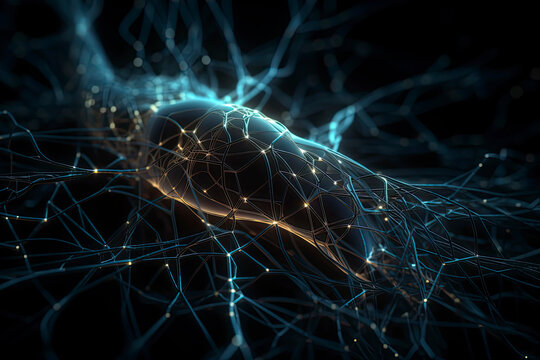 Artificial Intelligence concept - 3d rendered image. Dark background. Glowing abstract digital neuron connections. Hologram human brain view. Innovative process technology. Plexus line