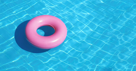 Fototapeta na wymiar Summer fun and relaxation concept. Pink ring float over bright blue water in pool. Generative AI