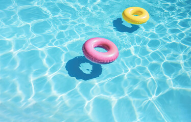 Summer fun and relaxation concept. Pink and yellow ring floats over bright blue water in pool. Generative AI