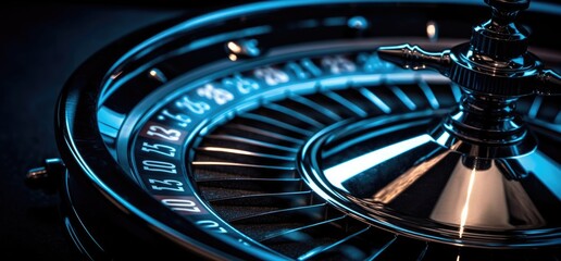 Roulette wheel with blue background and lights, casino photo. Generative AI