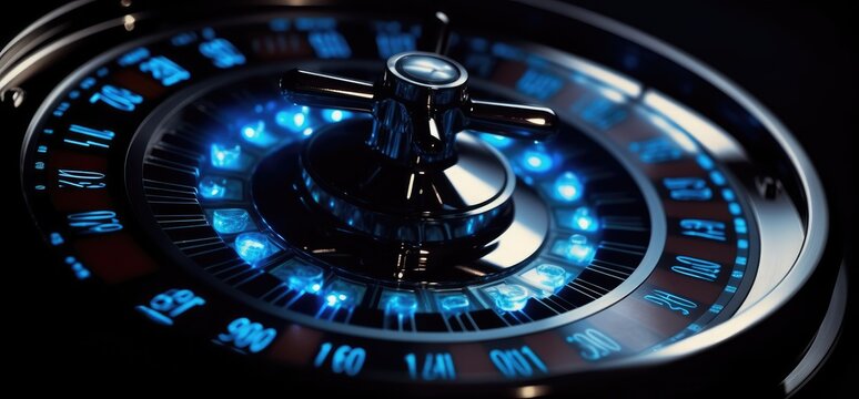 Roulette wheel with blue background and lights, casino photo. Generative AI