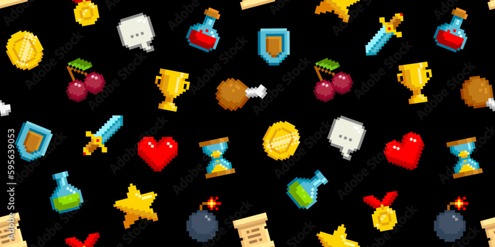 Poster pixel icons and symbols in 8-bit retro video game style seamless pattern background. 80s -90s geek s