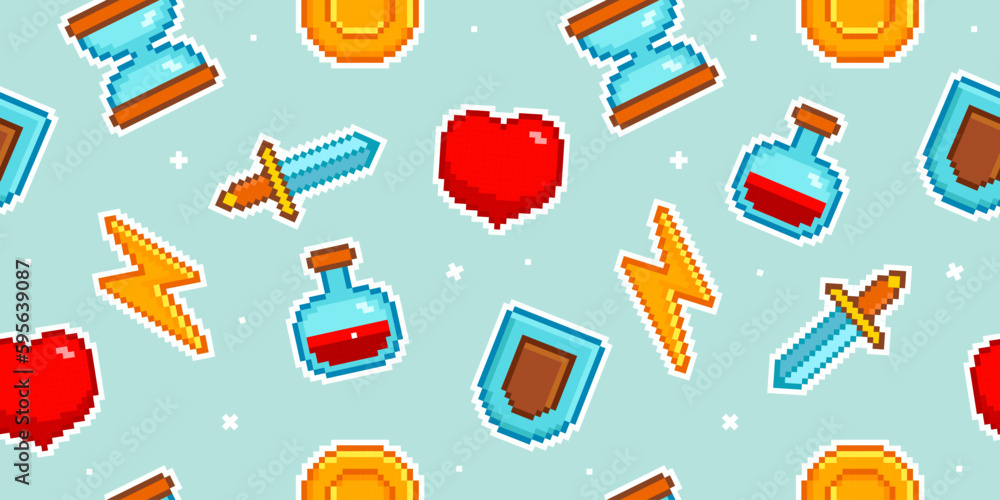 Poster Pixel icons in 8 bit retro video game style seamless pattern background. 80s -90s Geek style pixel pattern. Pixel game elements Geek style backgroud for print fabric and textile design