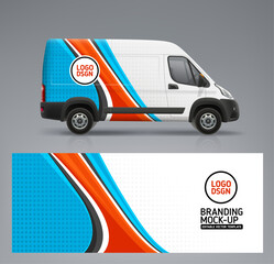 Realistic Company Cargo Van Mock-Up with branding and corporate identity decal. Abstract graphics of  for horisontal flyer or banner background. Editable vector template
