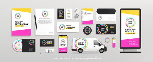 Brand Identity concept of stationery Mock-Up set with pink and yellow geometric design. Branding stationery mockup template of street AD banner, promotional van car, business flyer. Editable vector