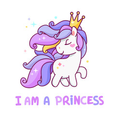 "I am a princess" card. Cute Girly Pony with Princess Crown. Cartoon White Pony with piurple hair and typography design ". Baby Pony for kids print design on tee shirt or pajamas
