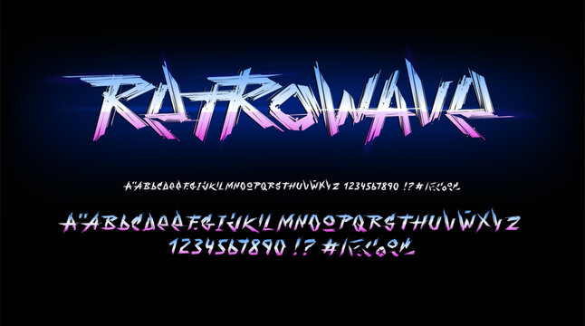 Retrowave - Retro Futuristic type font in 80s - 90s style with grunge brush alphabet set. Hand drawn chrome metal lettering set. Vintage Cyberpunk type font. Vector set for print tee and poster design