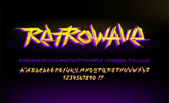 Concept of Retro Futuristic type font in 80s - 90s style with grunge brush alphabet set. Hand drawn Geek and Gamer style lettering set. Vintage Cyberpunk type font in Yellow and purple colors