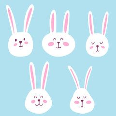 Set of cute funny rabbit face. Hand drawn vector Easter bunny face for card, kids design, print, logo, textile