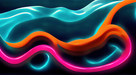 Colorful art. Twisted painting. Abstract banner. Colorful illustration with neon orange blue pink wavy flow on black background digital composition.