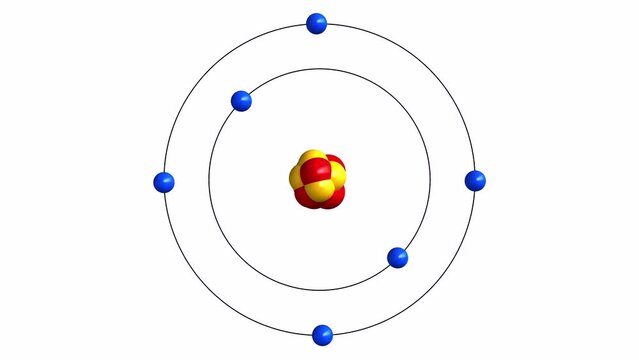3d rendered animation with alpha channel of atom structure of carbon.
Protons are represented as red spheres, neutron as yellow spheres, electrons as blue spheres