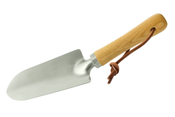 Garden hand shovel trowel with wooden grip isolated on transparent background PNG cut out