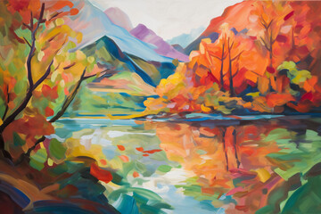 painting of a river with colorful leaves