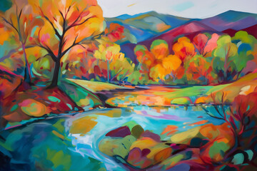 painting of a river with colorful leaves