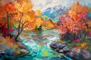 painting of a river with colorful leaves