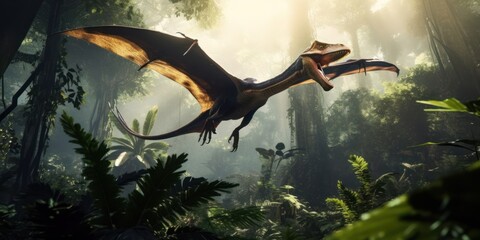 Obraz premium Pterodactyl prehistoric dinosaur in a dense jungle nature generative ai