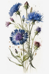 Generative AI.Watercolor, blue cornflowers isolated on white background