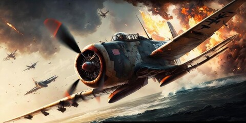 World war II fighter plane battle in dogfight in the sky. superlative generative AI image.