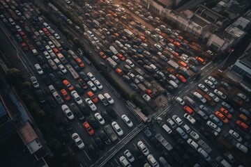 Aerial view of congested urban traffic and full parking lots, created with high elevation. Generative AI