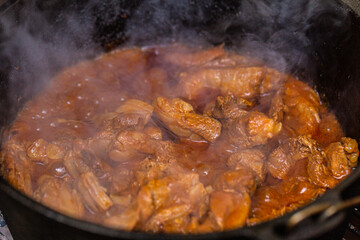 Hungarian goulash prepared on the grill. Close up
