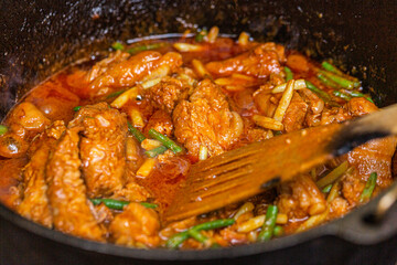 Hungarian goulash prepared on the grill. Close up