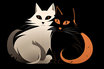 cartoon couple of cats with white hair, in the style of dark bronze and orange, elegant use of negative space
