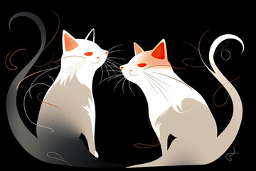 Obraz premium cartoon couple of cats with white hair, in the style of dark bronze and orange, elegant use of negative space