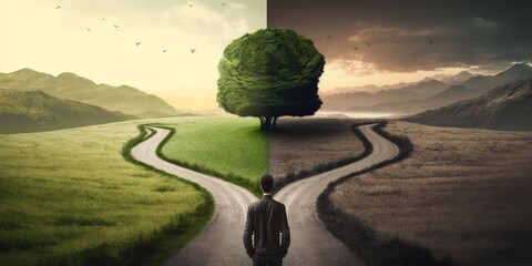 Man at two roads deciding for best chance of environment protection. superlative generative AI image.