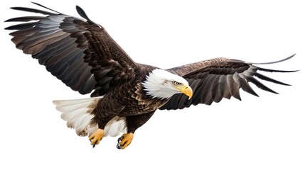 American bald eagle in flight on a white distinct background, AI concept
