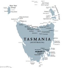 Tasmania, island state of Australia, gray political map. Located south of the Australian mainland, surrounded by thousand islands, with the capital and largest city Hobart. Illustration. Vector.