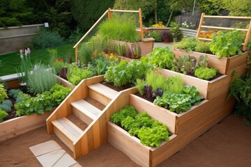 An innovative design for a raised bed in a garden created with generative AI technology. - obrazy, fototapety, plakaty