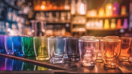 Bar counter with variety of colorful classes with alcoholic cocktails