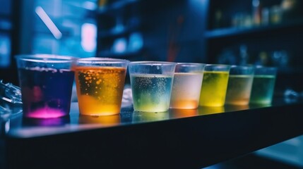 Bar counter with variety of colorful classes with alcoholic cocktails