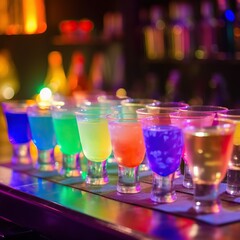 Bar counter with variety of colorful classes with alcoholic cocktails