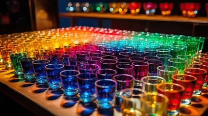 Obraz premium Bar counter with variety of colorful classes with alcoholic cocktails