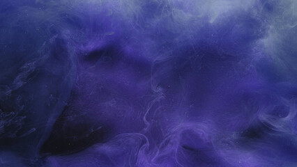 Mist texture. Smoke background. Ink water. Magic night sky. Purple blue color glitter particles steam haze cloud abstract art free space.