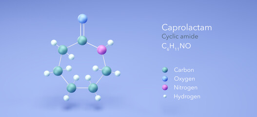 caprolactam molecule, molecular structures, cyclic amide, 3d model, Structural Chemical Formula and Atoms with Color Coding
