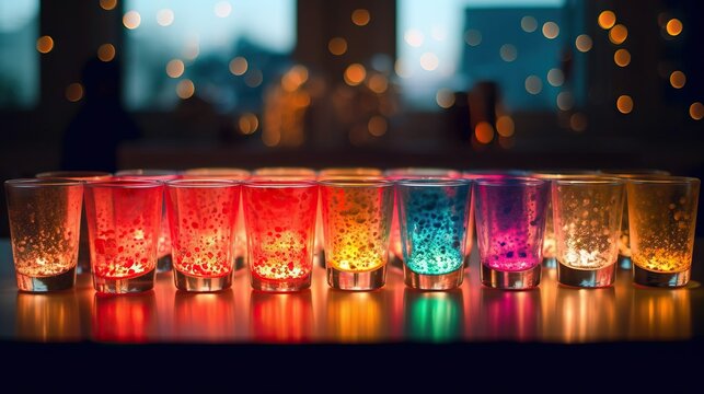 Bar counter with variety of colorful classes with alcoholic cocktails