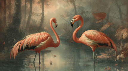 flamingos  vintage style, genertive ai 