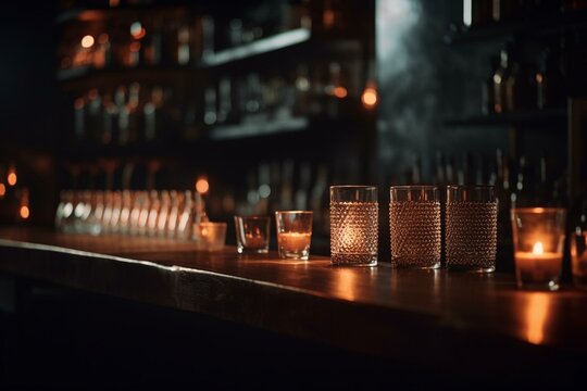 Blurred bar tabletop in dark setting with bokeh lights. Generative AI