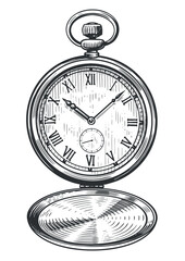 Fototapeta na wymiar Mechanical classic pocket watch with lid. Clock face dial with roman numerals. Vintage sketch vector illustration