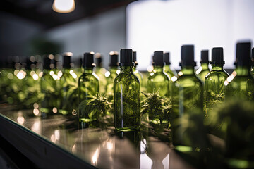 CBD Oil bottles on a production line inside a hydroponic farm. Surrounded by cannabis plants. - obrazy, fototapety, plakaty