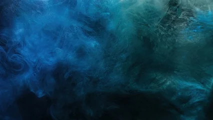 Foto op Plexiglas Color mist. Ink water. Haze texture. Fantasy night sky. Blue green shiny glitter steam cloud blend on dark black abstract art background. © golubovy