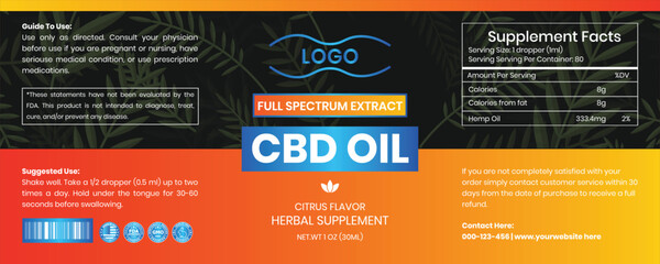 CBD Label Design Template, CBD Dropper Bottle Oil, Hemp Oil Label Template, Supplement Label Design, Product Packaging Design, Extract From Hemp, Bottle Label Design Vector Illustration